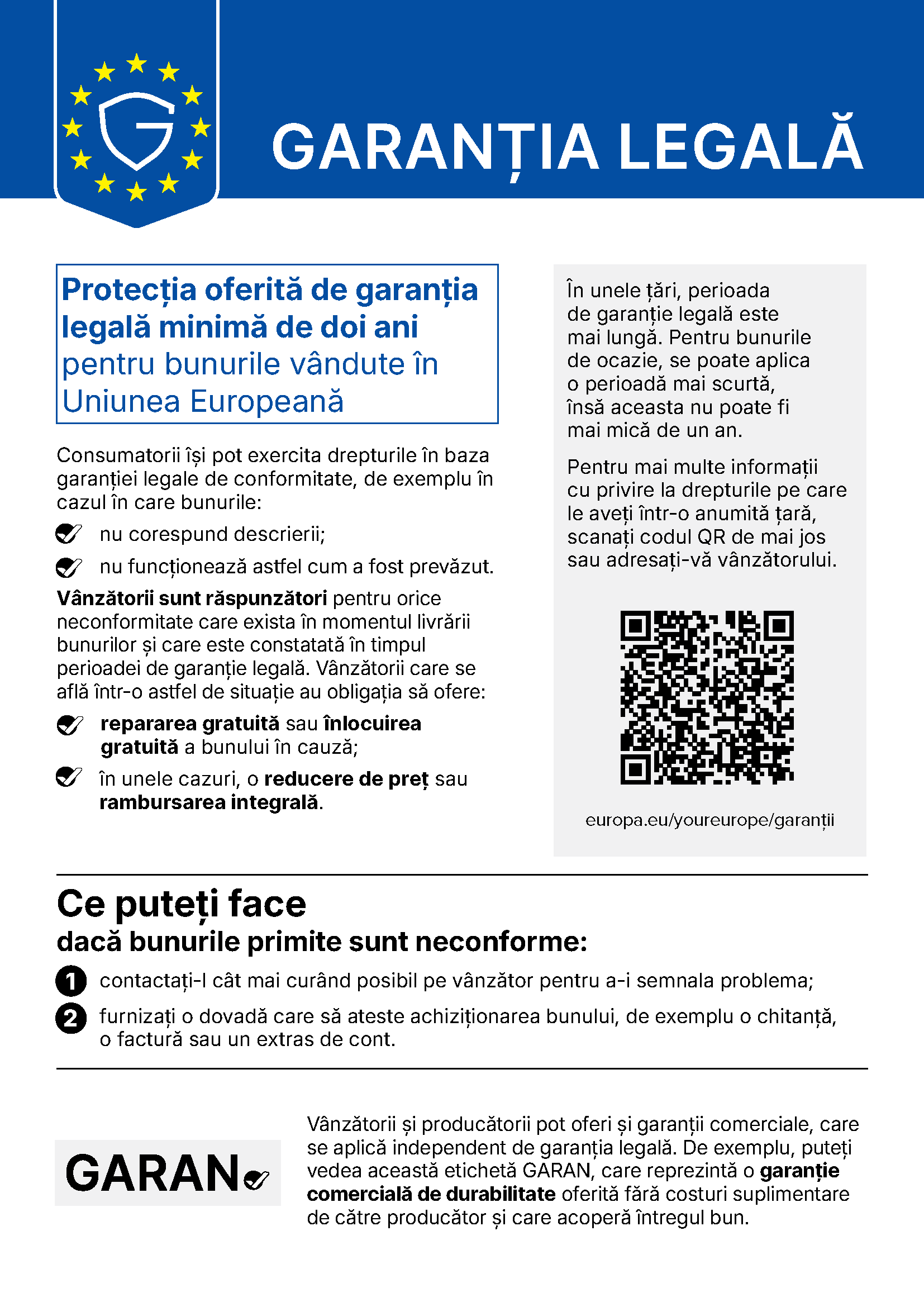 Notificarea armonizată a Uniunii Europene privind garanția legală de conformitate. Textul ei întreg e scris mai jos, sub imagine.